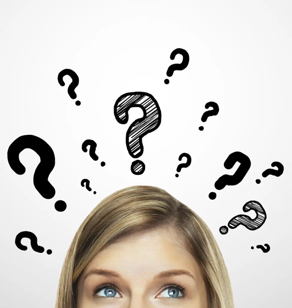 Great voice overs: image of woman with question marks above her head