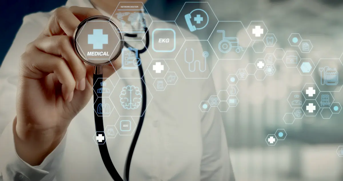 Medical narration: composite image of a doctor holding a stethoscope