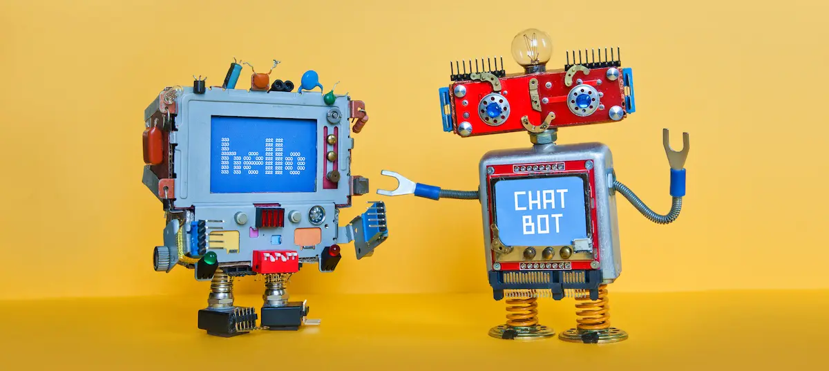 Customer experience: image of two toy chatbots talking to one another