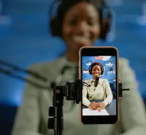 Social media strategy: image of an influencer doing a podcast